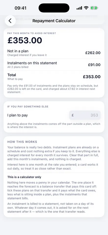 The Alumbus repayment calculator, splitting what to pay between the balance outside a plan and the instalments billed on this statement.